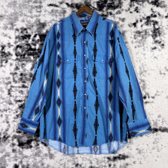VTG Wrangler Pearl Snap Shirt Mens Size XXL Blue Geometric Rodeo Western Cowboy